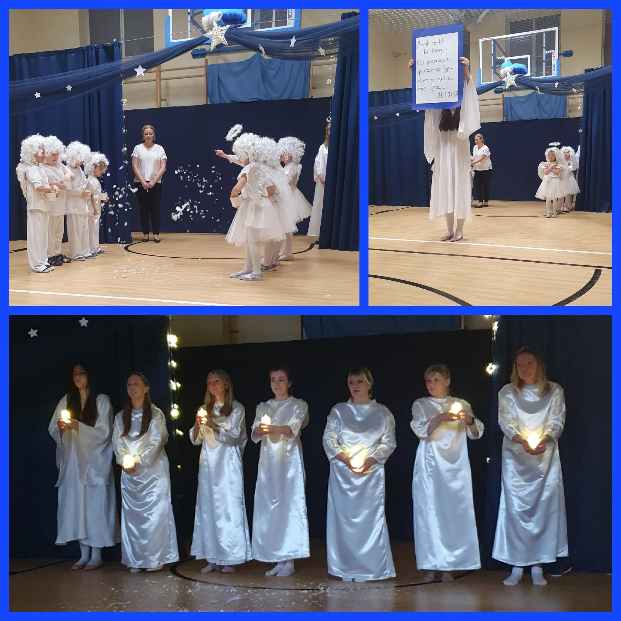kolaż zdjęć przedstawiający występ przedszkola podczas jasełek szkolnych