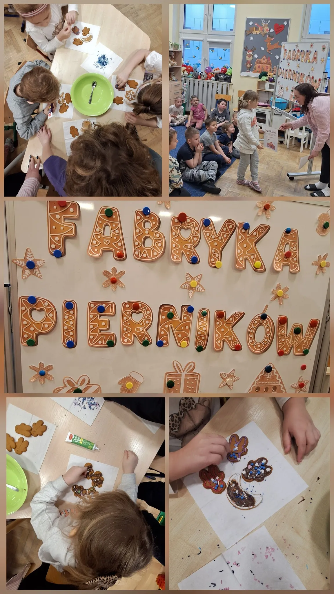 kolaż zdjęć przedszkolaków dekorujących pierniki