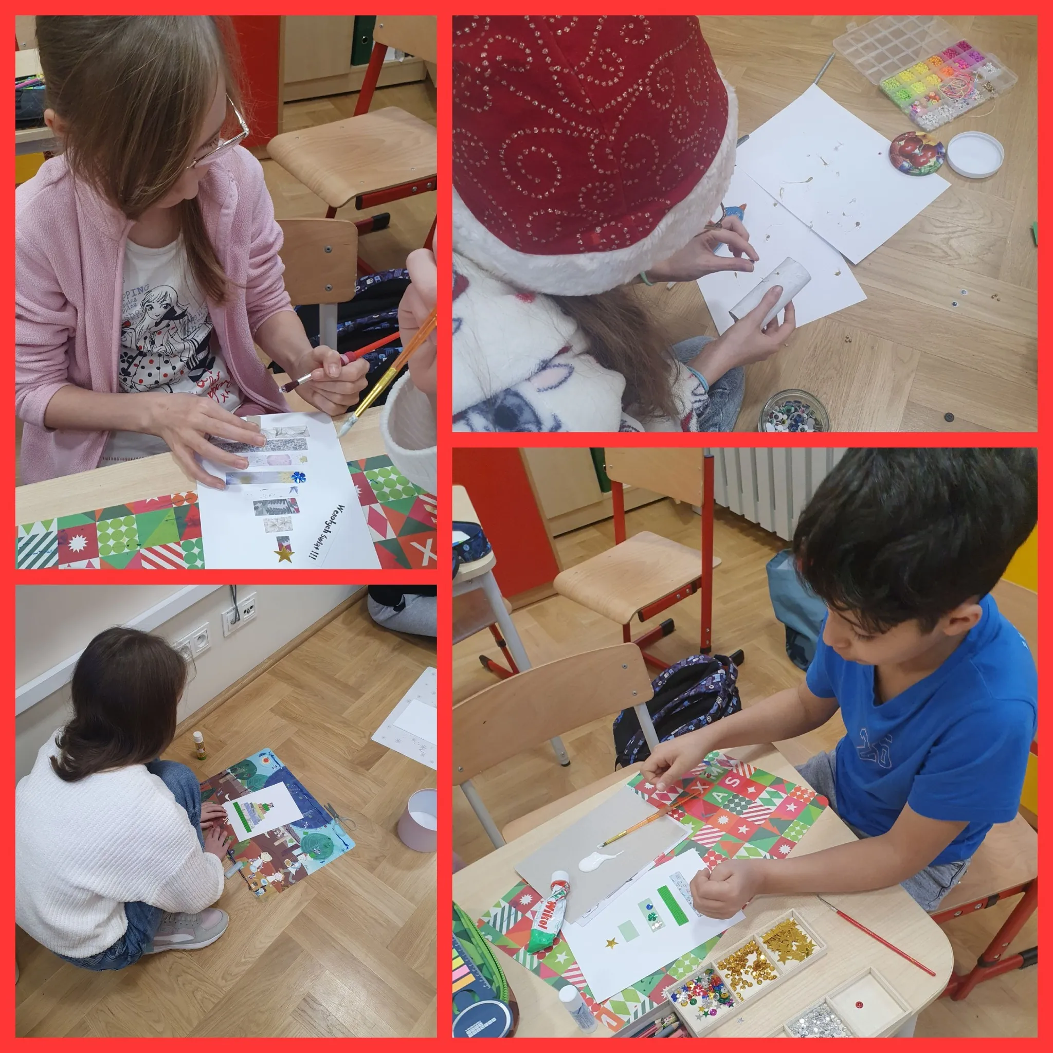 kolaż zdjęć uczniów wykonujących kartki świąteczne