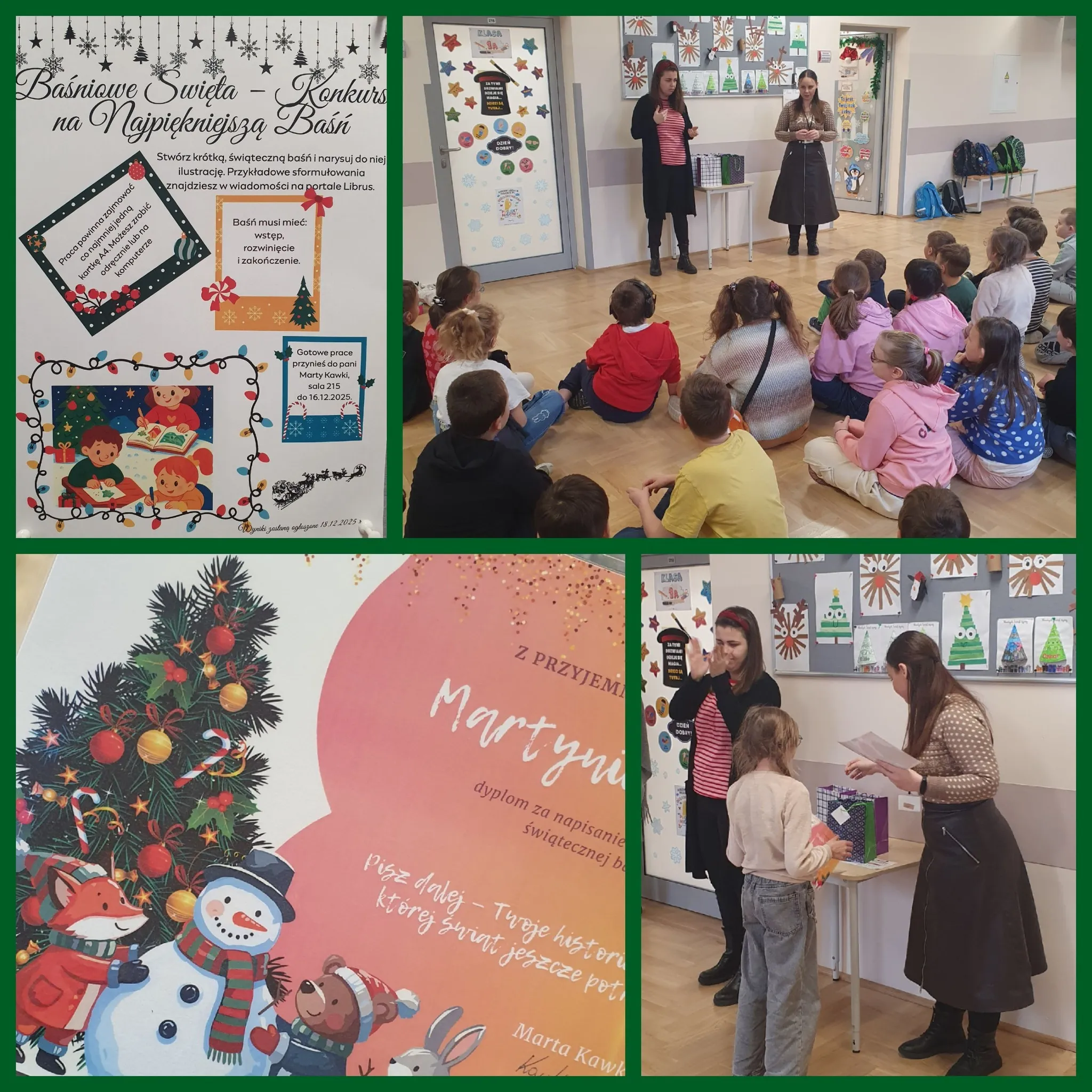 kolaż zdjęć z ogłoszenia wyników i rozdania nagród dla uczniów którzy wzięli udział w konkursie