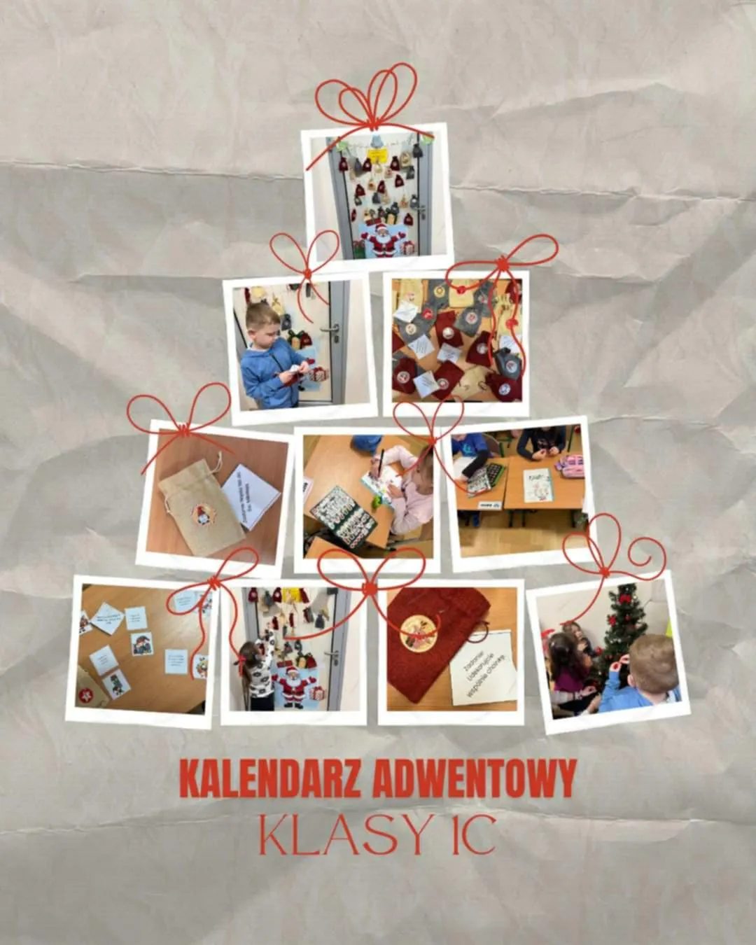 Kolaż zdjęć przedstawiających kalendarz adwentowy przygotowany przez uczniów klasy IC.