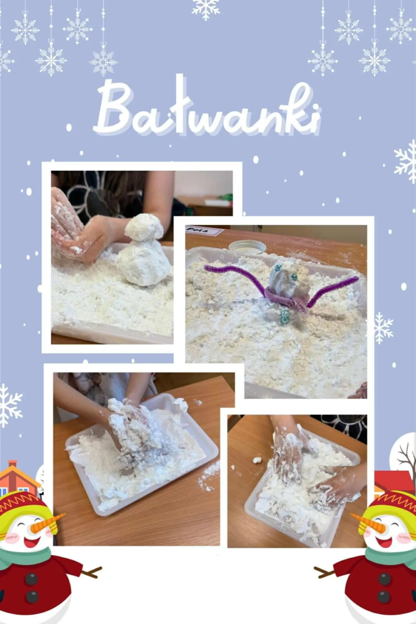 Dzieci robią bałwanki z białej masy plastycznej na tacy.