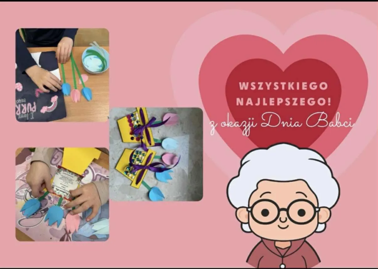Kolaż zdjęć przedstawiający dzieci wykonujące papierowe tulipany i laurki. Po prawej stronie grafika z napisem „Wszystkiego najlepszego z okazji Dnia Babci” oraz ilustracja uśmiechniętej babci na różowym tle.
