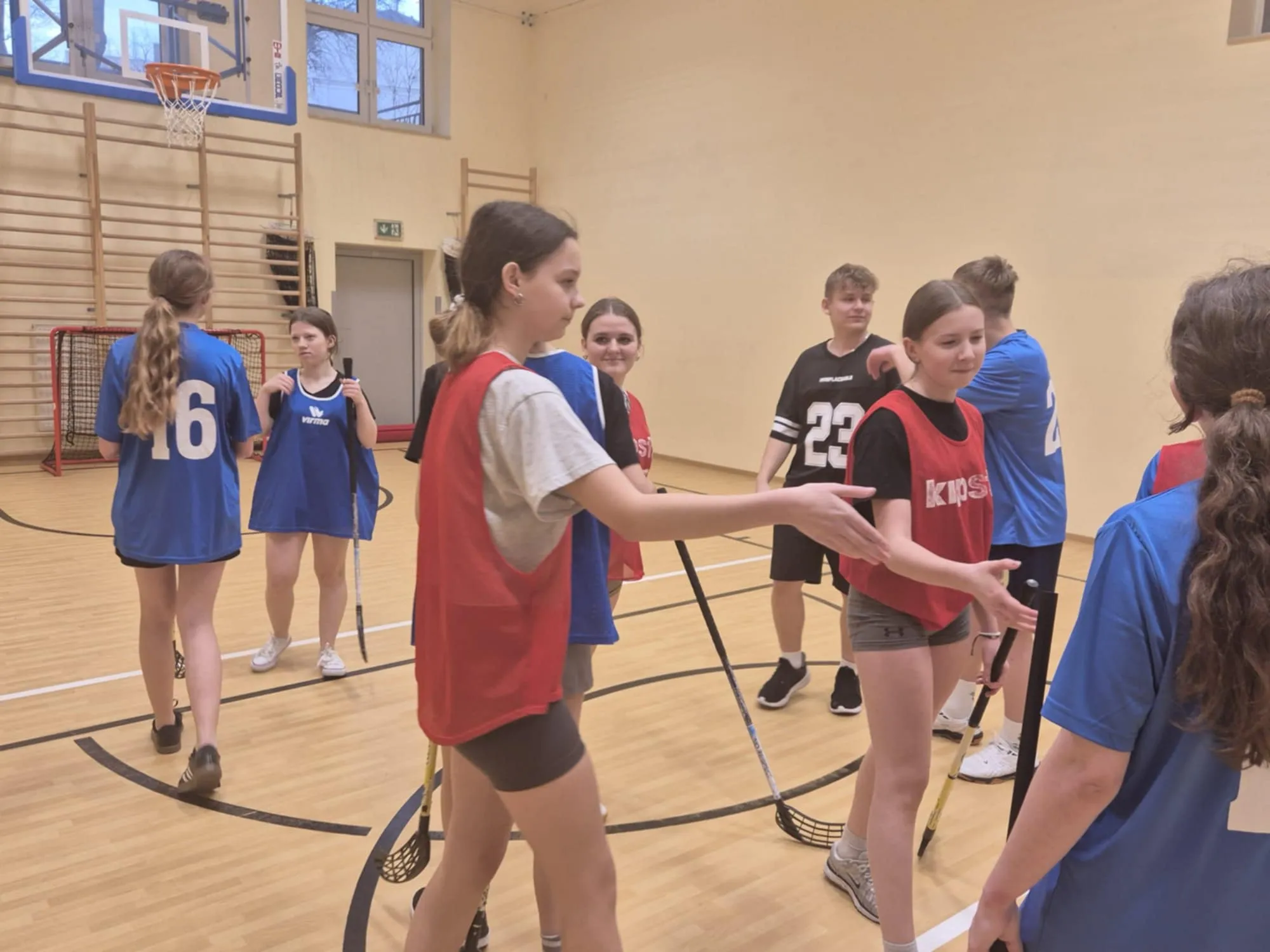 Zawodniczki podają sobie ręce po zakończonym meczu unihokeja w sali gimnastycznej.