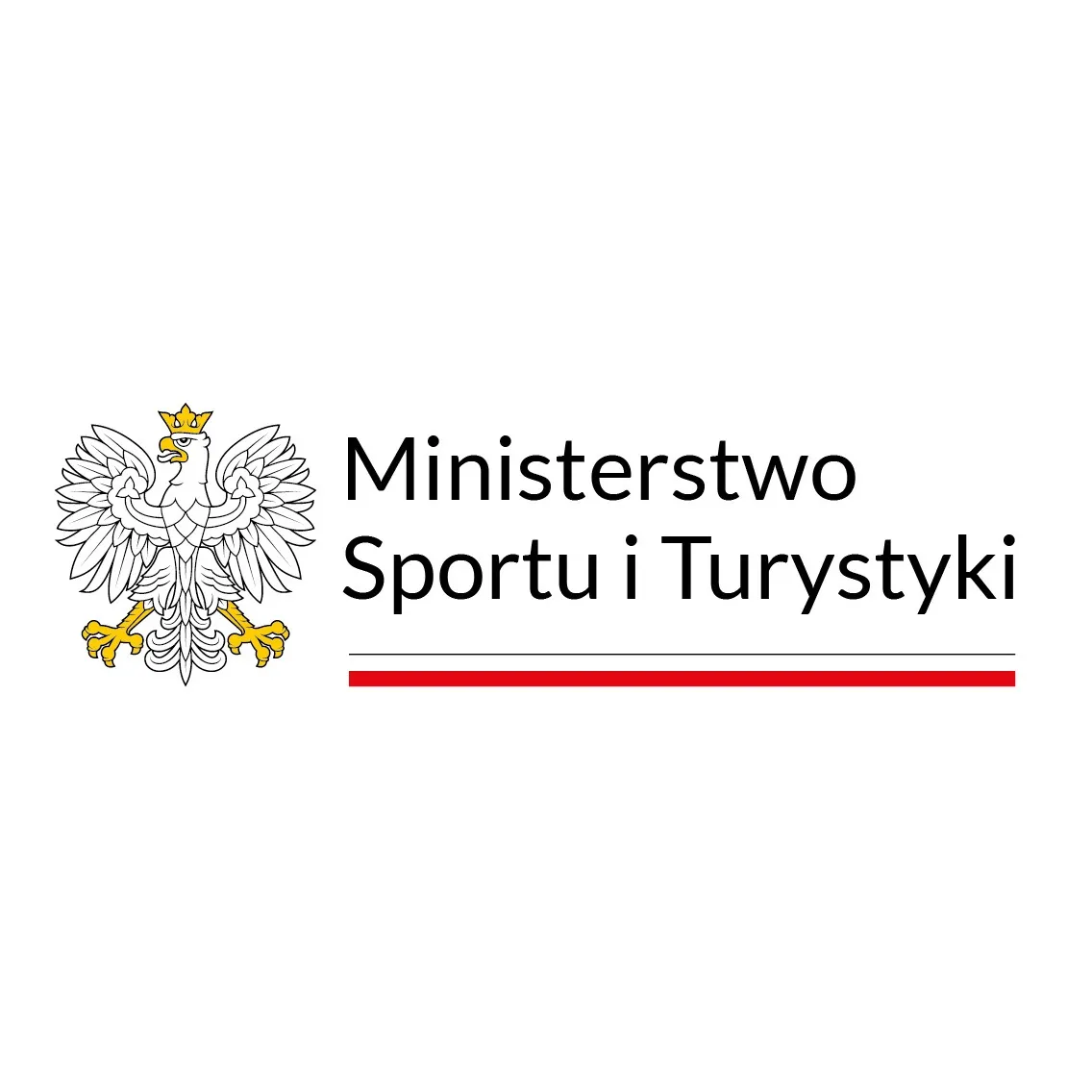 „Logo Ministerstwa Sportu i Turystyki – biały orzeł w koronie oraz czarny napis na białym tle z czerwoną linią pod spodem.”