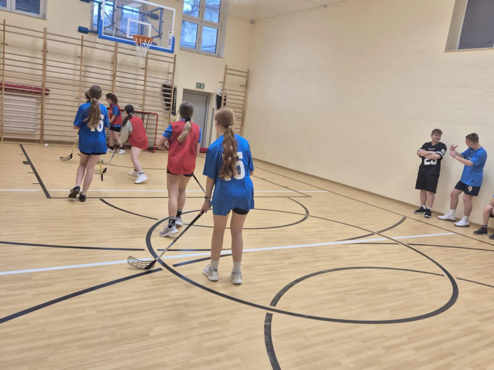 Zawodniczki ustawione tyłem do aparatu podczas gry w unihokeja, widoczne numery na koszulkach i bramka.