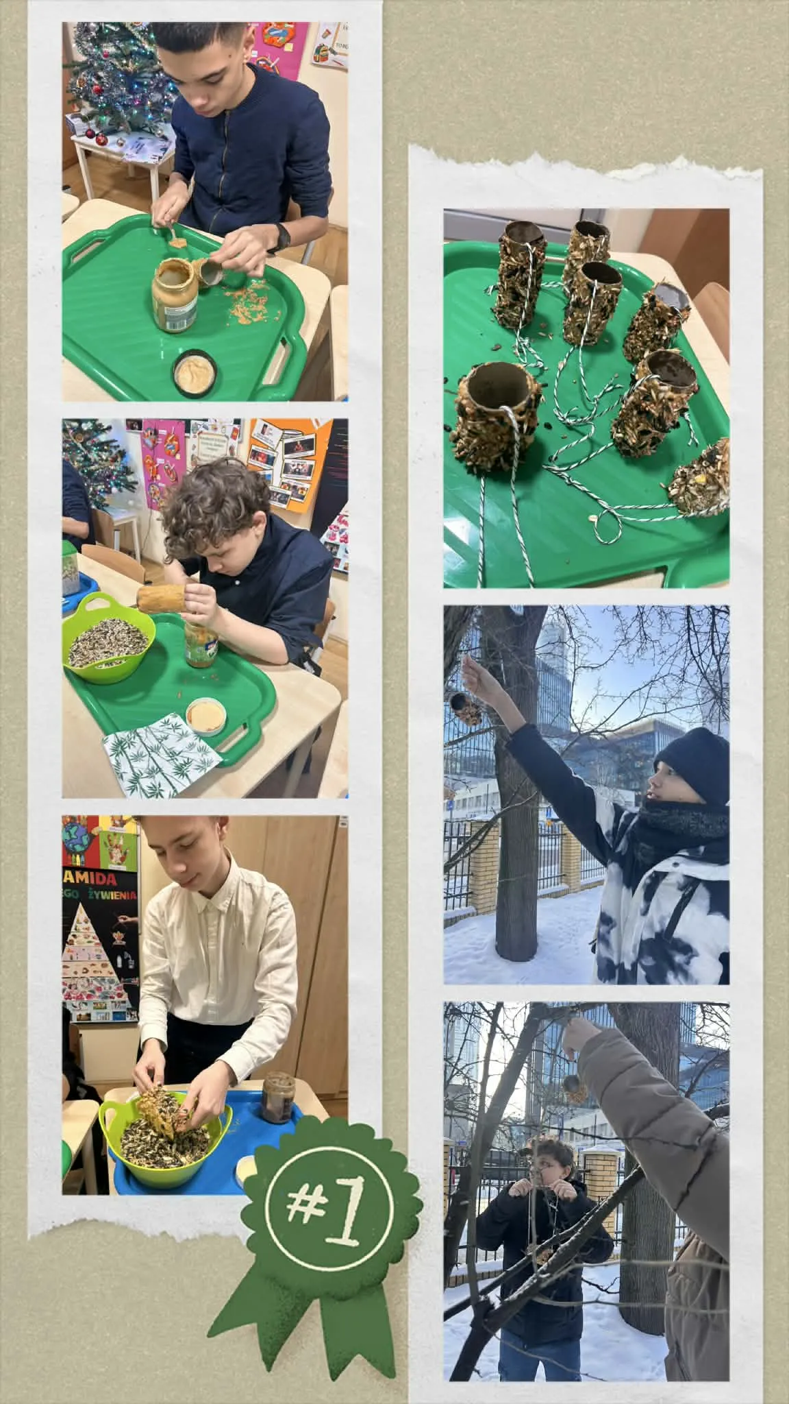 Kolaż zdjęć pokazuje dzieci przygotowujące karmniki dla ptaków z rolek po papierze, masła orzechowego i ziaren. Gotowe karmniki są zawieszane na drzewach w zimowej scenerii.