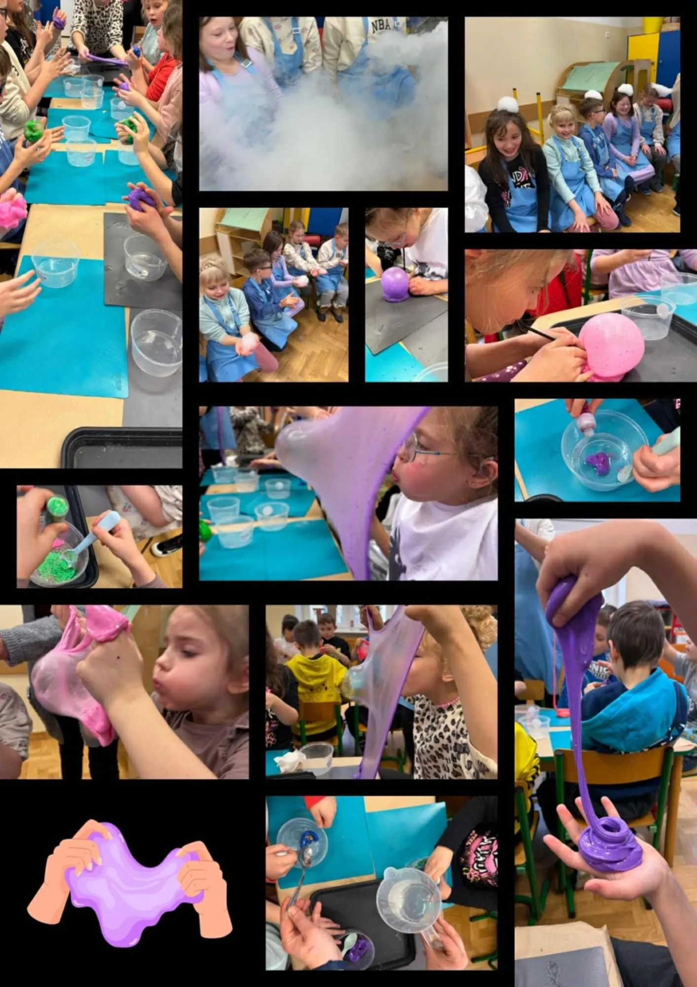 Kolaż zdjęć przedstawiający dzieci przygotowujące i rozciągające kolorowy slime podczas zajęć eksperymentalnych.