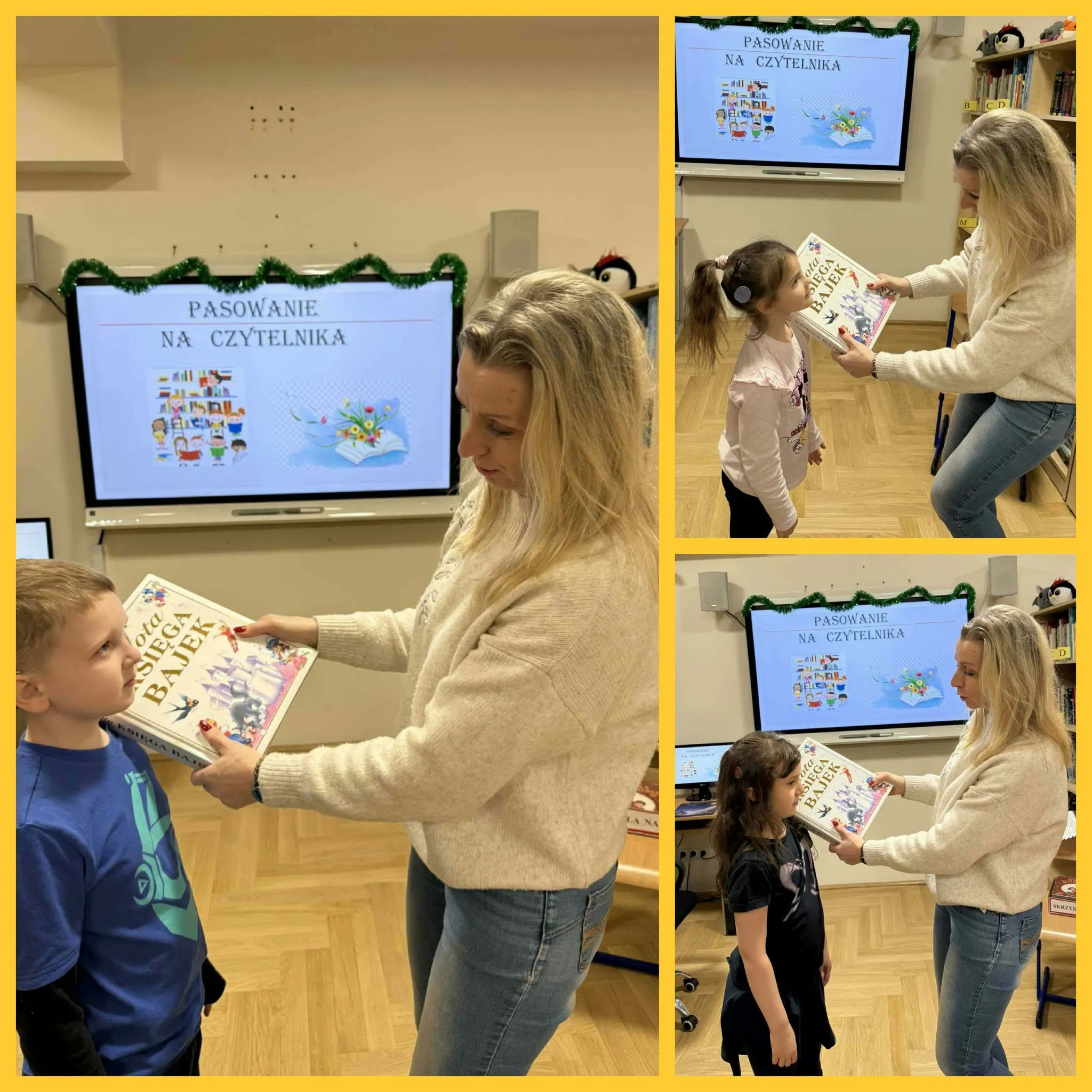 kolaż zdjęć pasowanie na czytelnika w szkolnej bibliotece