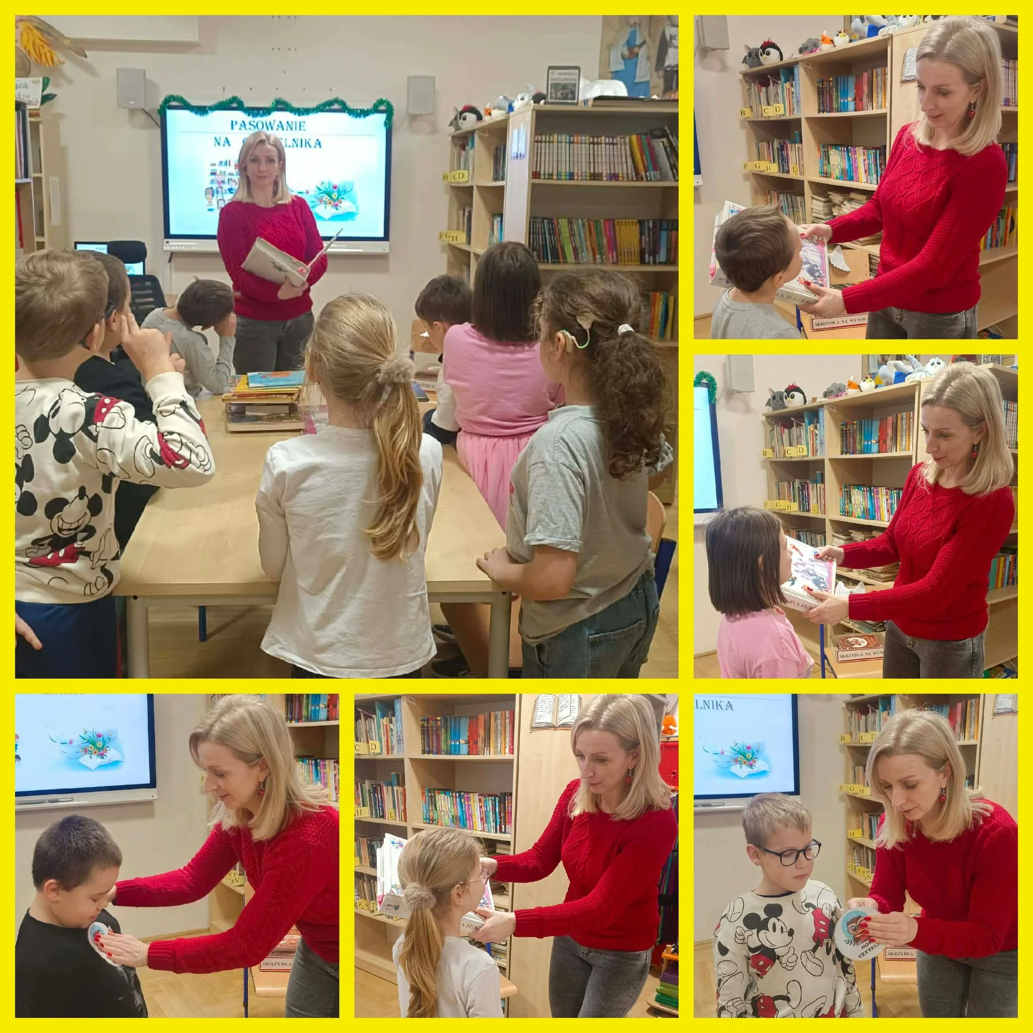 kolaż zdjęć przedstawiający pasowanie uczniów pierwszej klasy na czytelnika w bibliotece