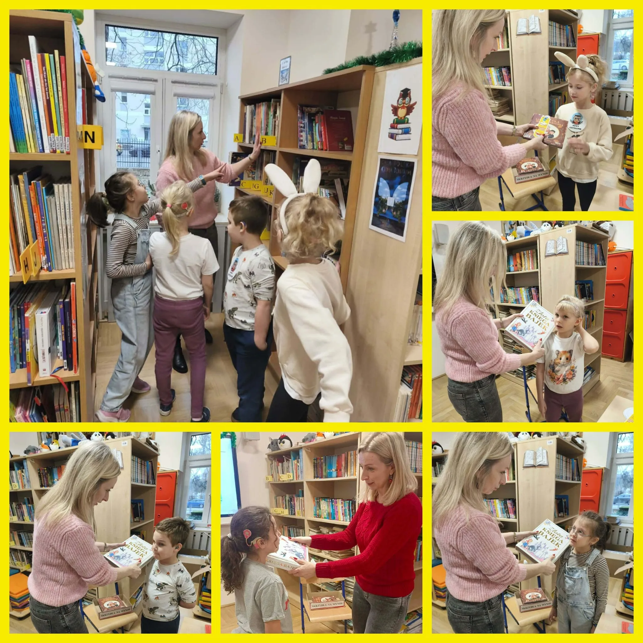 kolaż zdjęć przedstawiający pasowanie uczniów pierwszej klasy na czytelnika w bibliotece