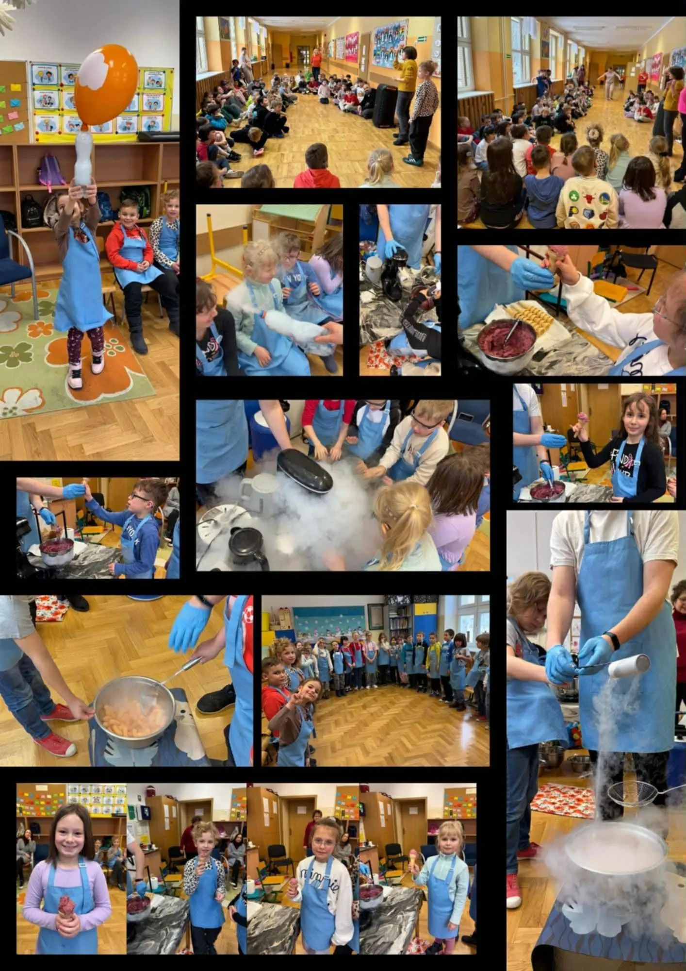 Kolaż z zajęć edukacyjnych, podczas których dzieci obserwują doświadczenia, przygotowują masy plastyczne i uczestniczą w pokazach z suchym lodem.