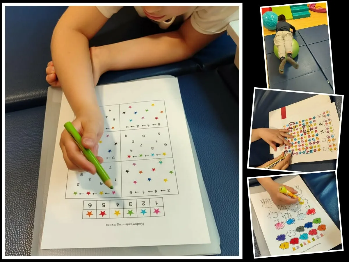 Dziecko koloruje zadanie z gwiazdkami w karcie pracy, ćwicząc kodowanie i liczenie.