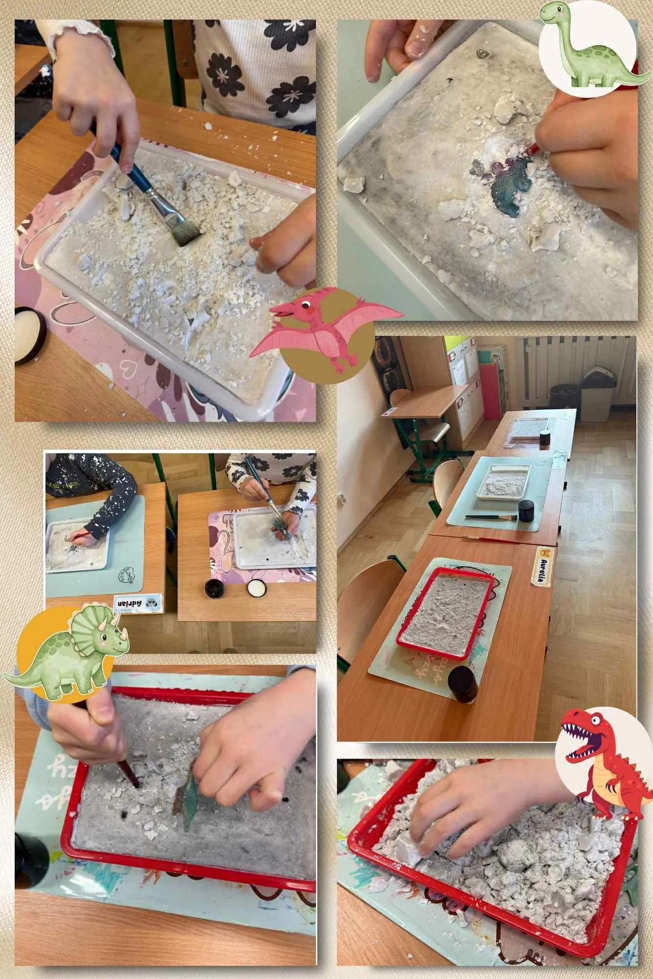 Dzieci podczas zajęć odkrywają ukryte figurki dinozaurów w gipsie, delikatnie usuwając proszek pędzelkami i narzędziami przy szkolnych stolikach.