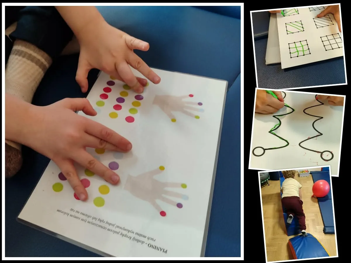 Dziecko pokazuje kolorowe kropki na kartce, ćwicząc precyzję ruchów dłoni.