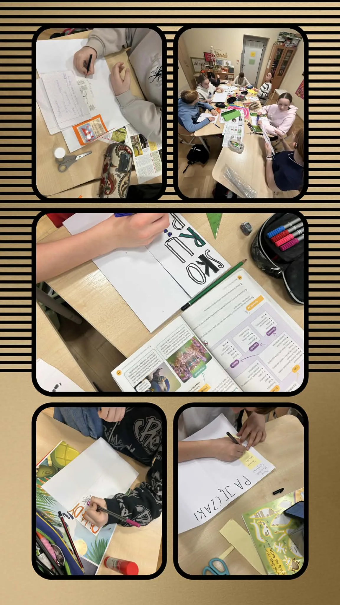 Kolaż zdjęć przedstawiający uczniów tworzących projekty edukacyjne przy ławkach