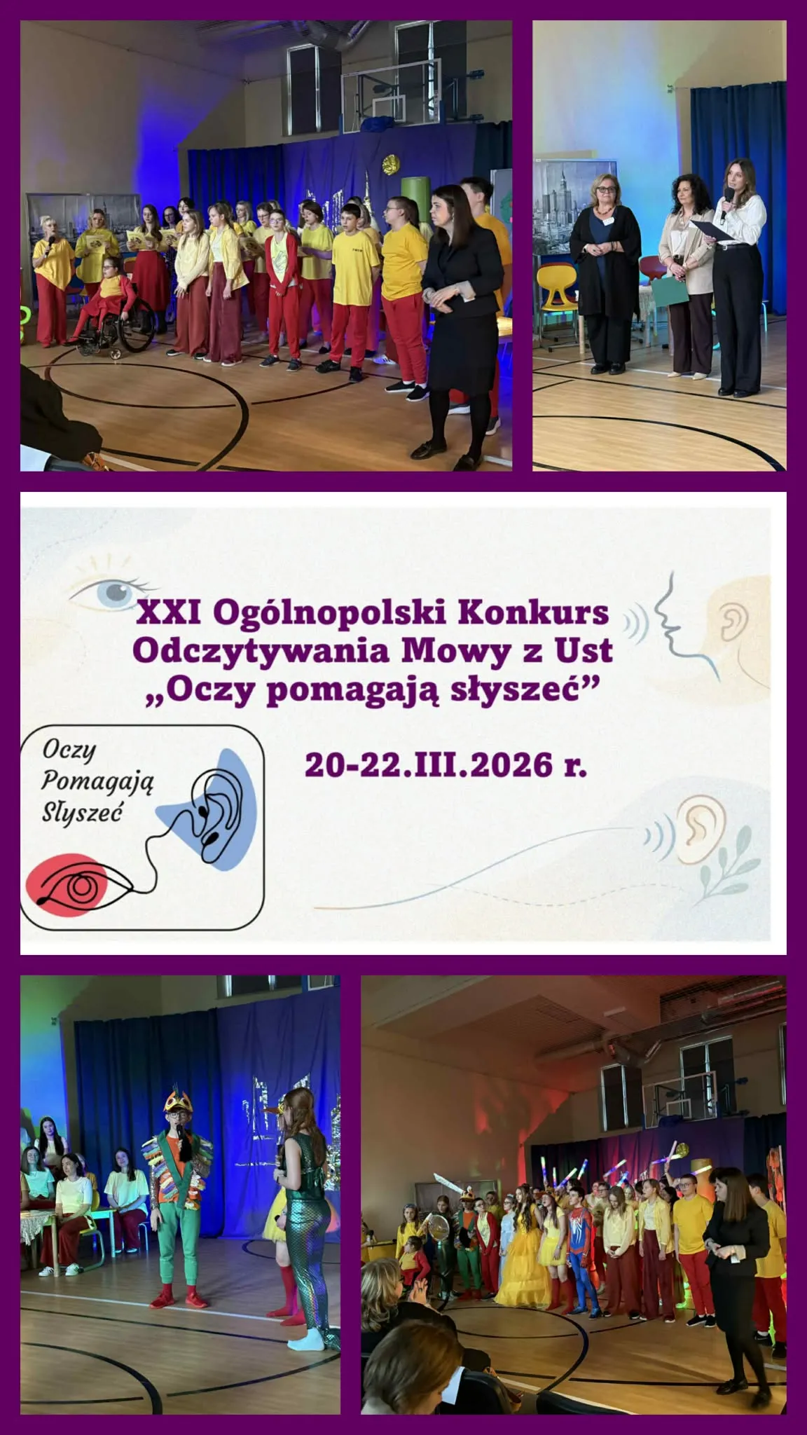 Uczniowie w kolorowych strojach występują na scenie podczas szkolnego wydarzenia