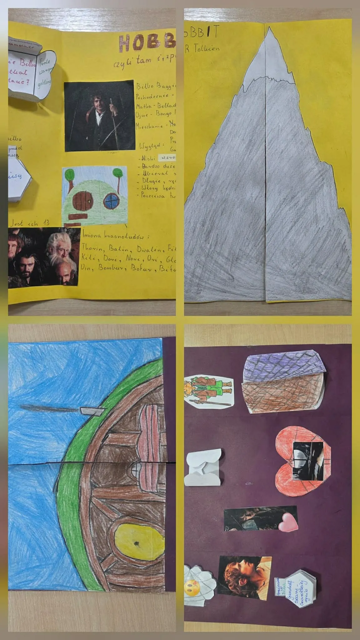 Rozkładana praca plastyczna przedstawiająca górę, dom hobbita oraz informacje o bohaterach książki