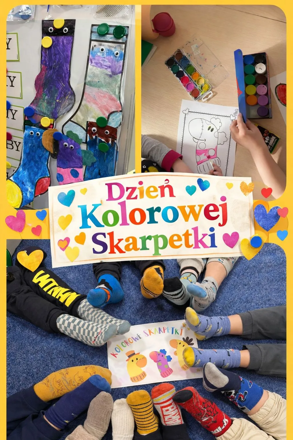 kolaż zdjęć stóp przedszkolaków w kolorowych skarpetkach