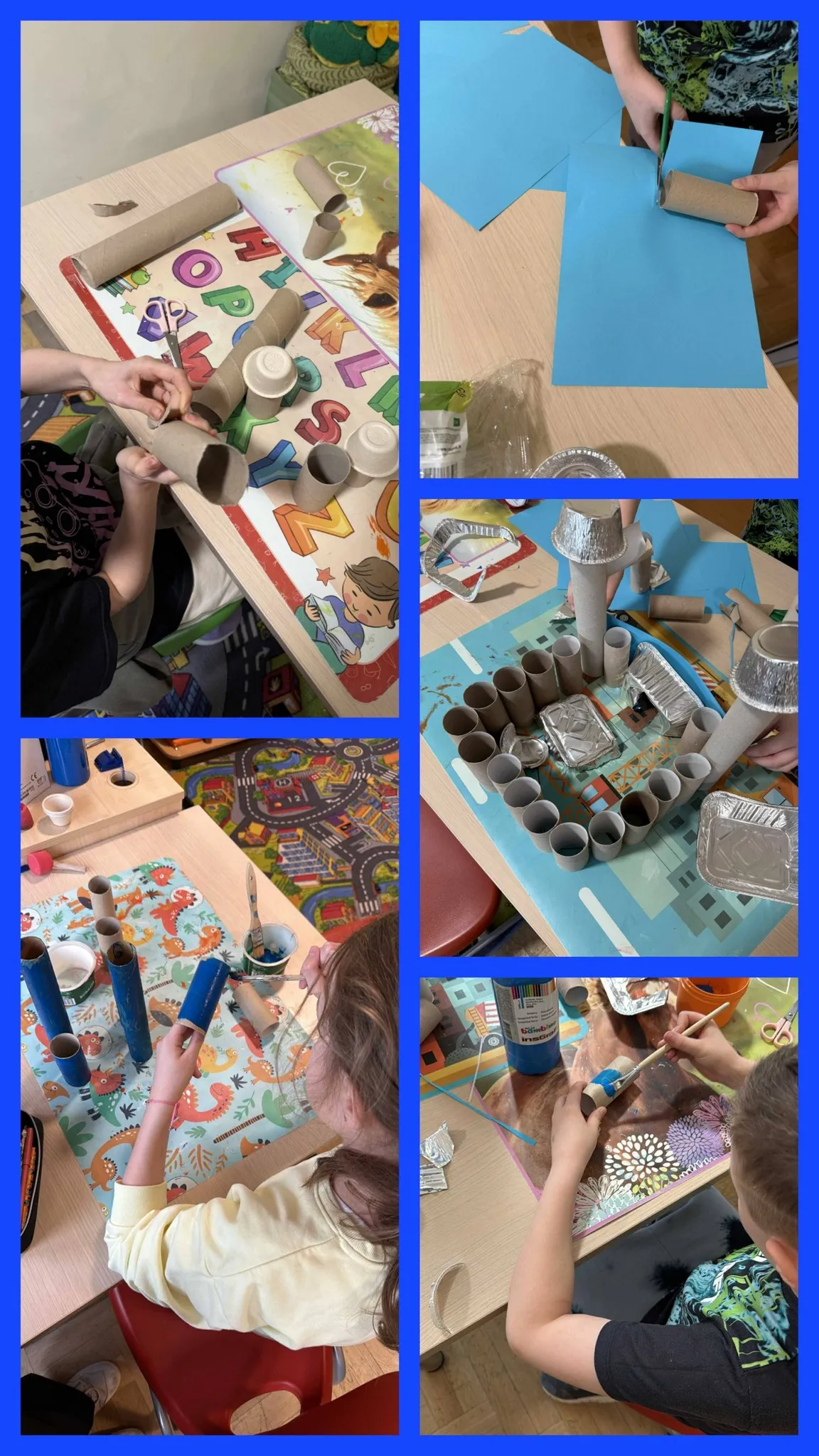 kolaż zdjęć tworzonych prac plastycznych przez dzieci związanych z baśnią "Królowa śniegu" 