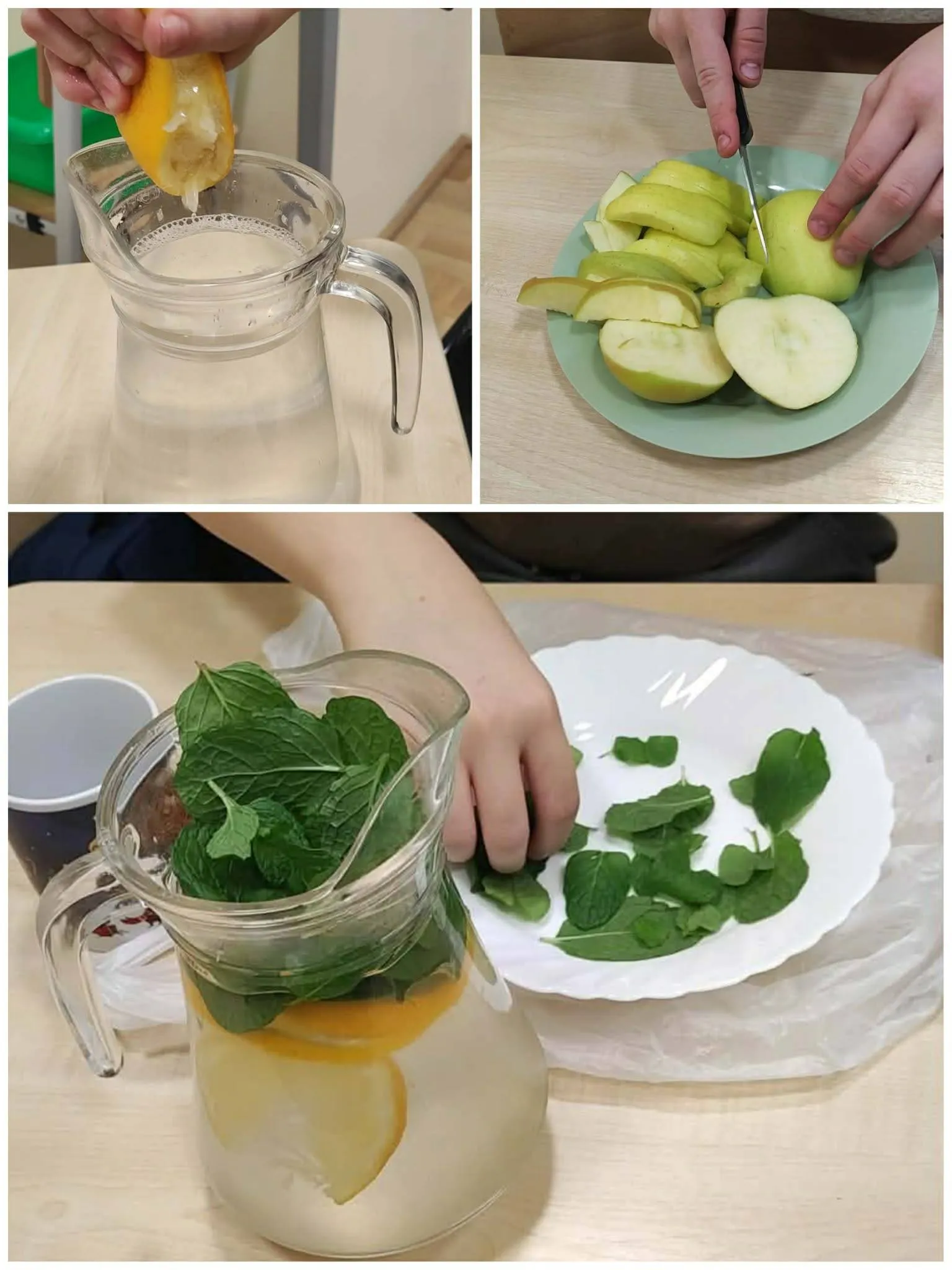 kolaż zdjęć z przygotowania przez uczniów napoju izotonicznego