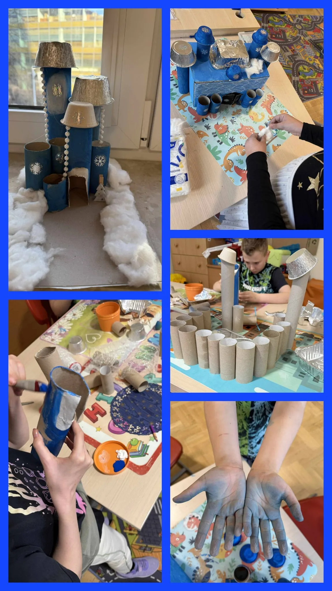 kolaż zdjęć tworzonych prac plastycznych przez dzieci związanych z baśnią "Królowa śniegu" 