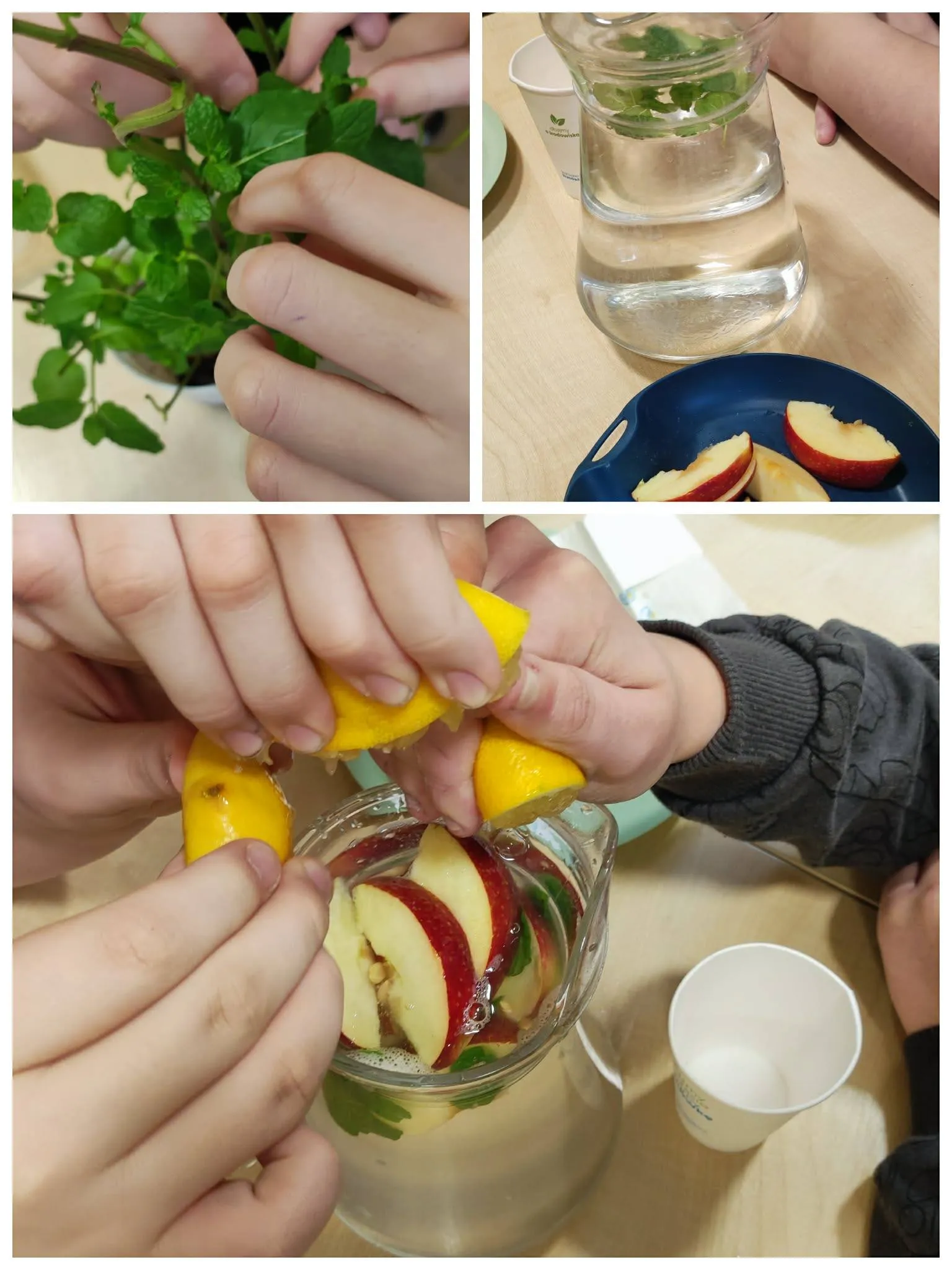 kolaż zdjęć z przygotowania przez uczniów napoju izotonicznego