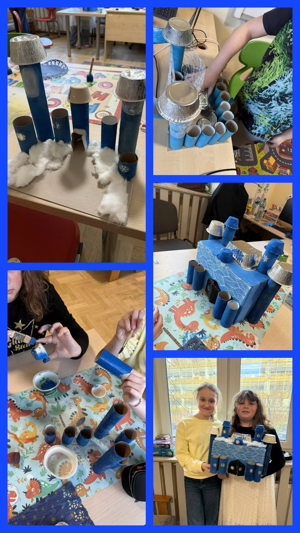 kolaż zdjęć tworzonych prac plastycznych przez dzieci związanych z baśnią "Królowa śniegu" 