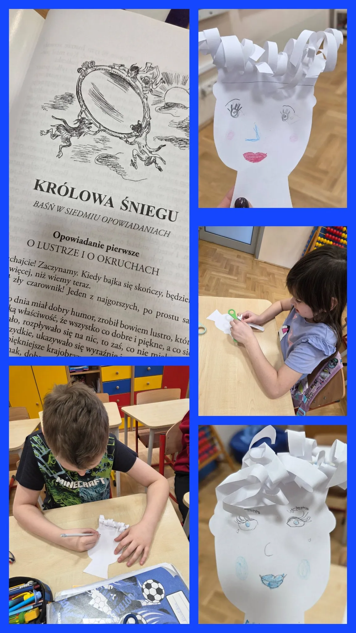 kolaż zdjęć tworzonych prac plastycznych przez dzieci związanych z baśnią "Królowa śniegu" 