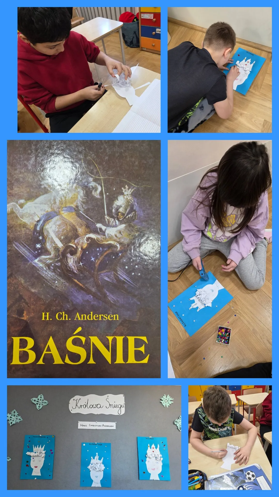 kolaż zdjęć tworzonych prac plastycznych przez dzieci związanych z baśnią "Królowa śniegu" 