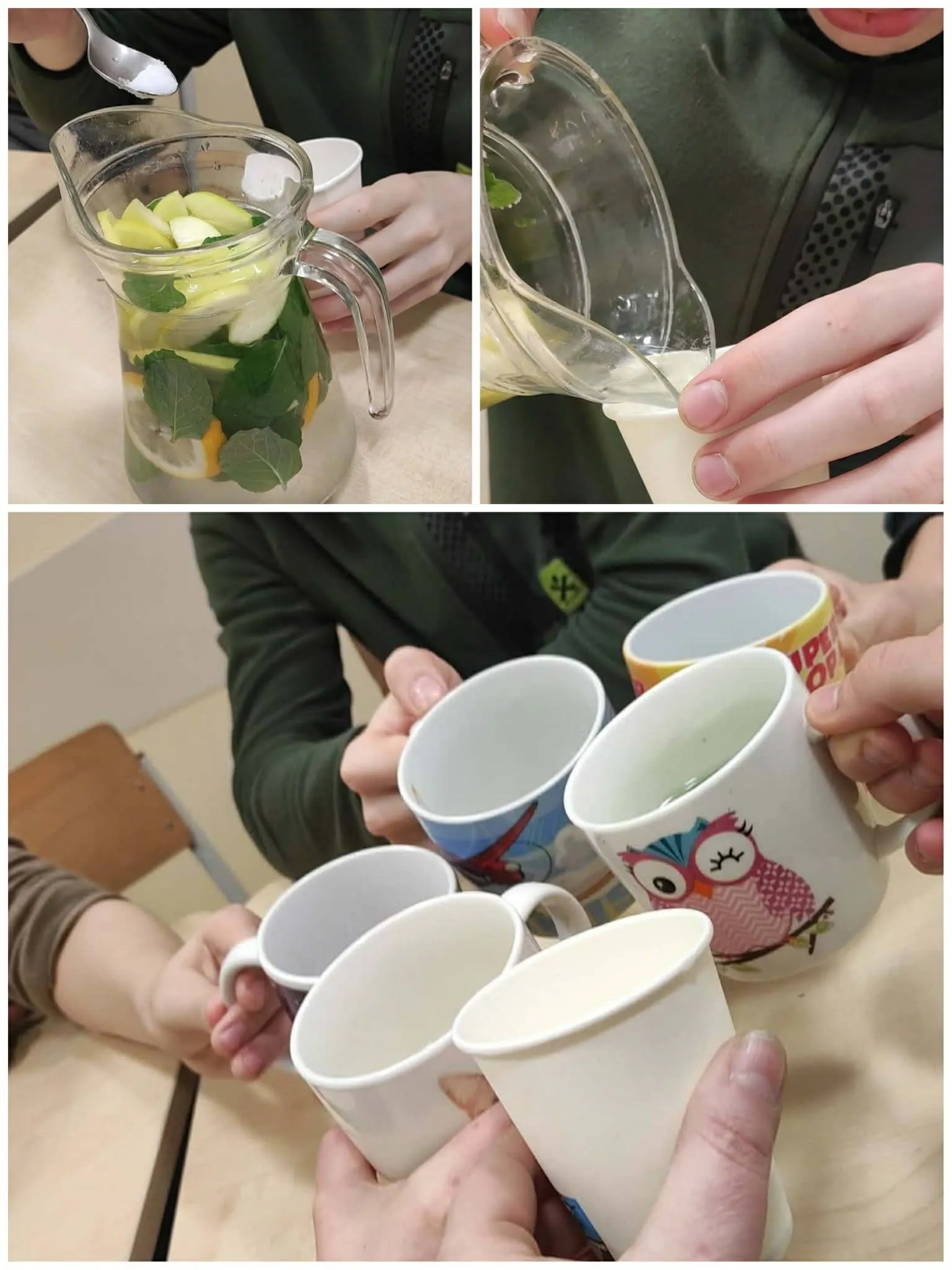 kolaż zdjęć z przygotowania przez uczniów napoju izotonicznego