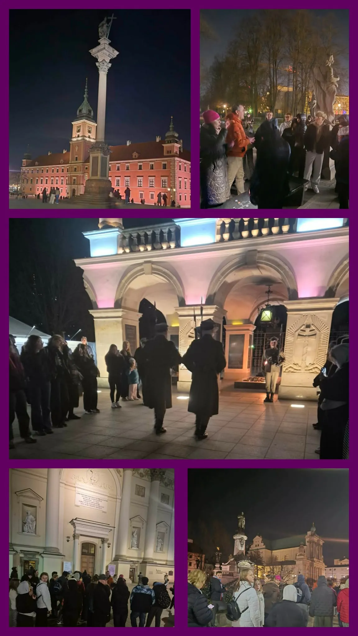 Grupa uczniów zwiedza nocą Stare Miasto w Warszawie, widoczna kolumna i oświetlone zabytki