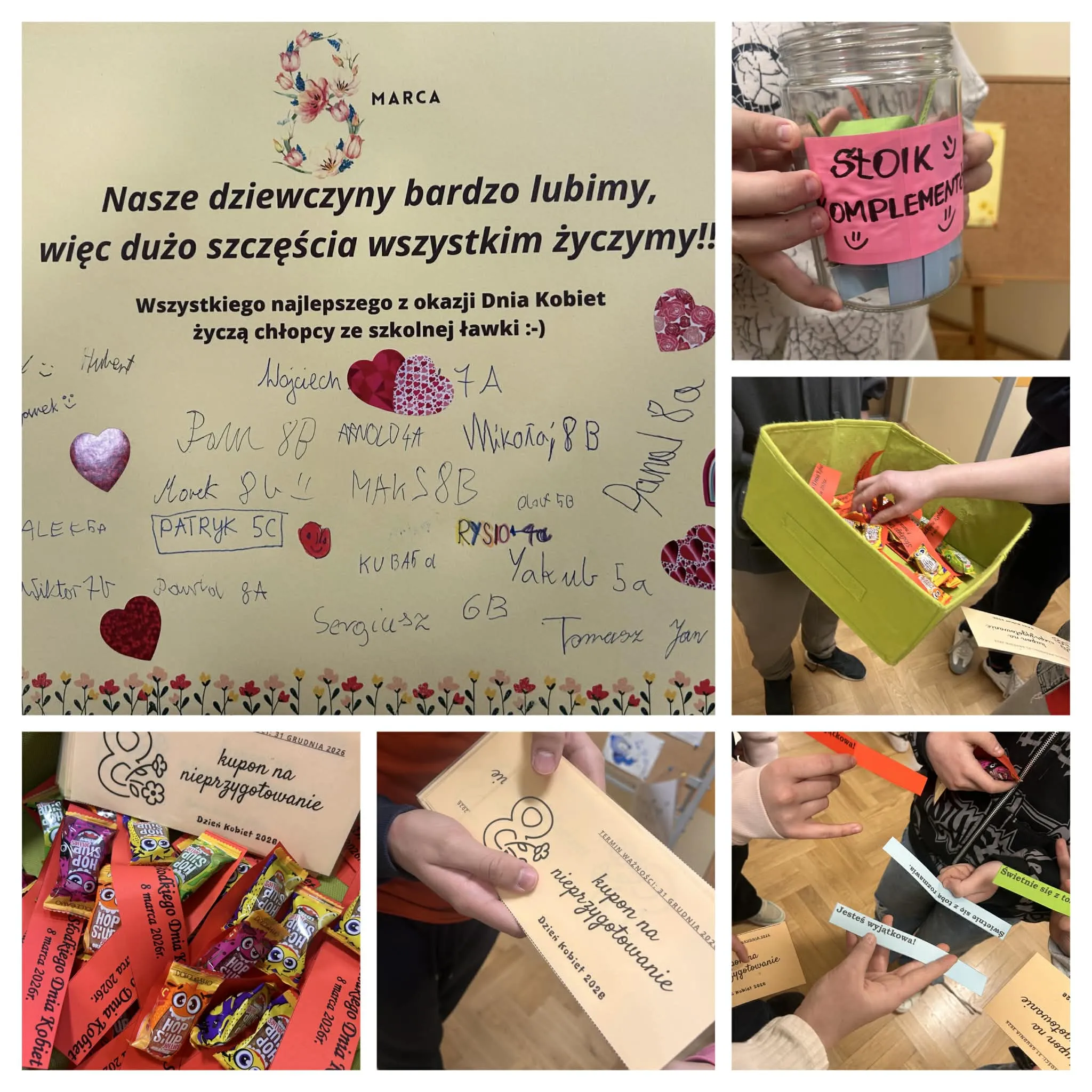 Kolaż zdjęć przedstawiający szkolne obchody Dnia Kobiet – plakat z życzeniami od uczniów, słoik z komplementami, słodycze oraz karteczki z miłymi wiadomościami.