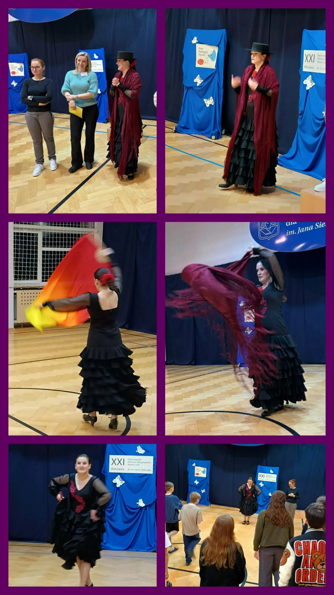 Tancerka flamenco w czarnej sukni i czerwonej chuście prezentuje taniec przed uczniami w sali gimnastycznej