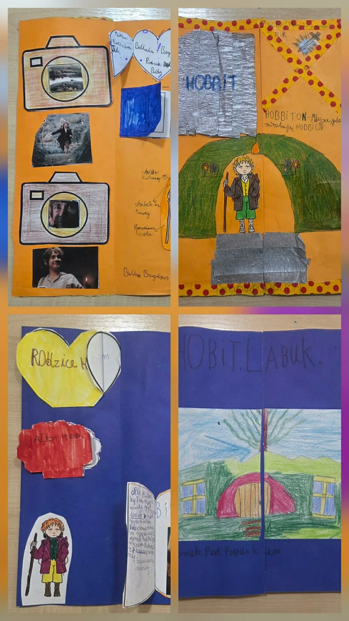 Kolorowy lapbook o książce „Hobbit” z ilustracjami, zdjęciami postaci i opisami Bilbo Bagginsa