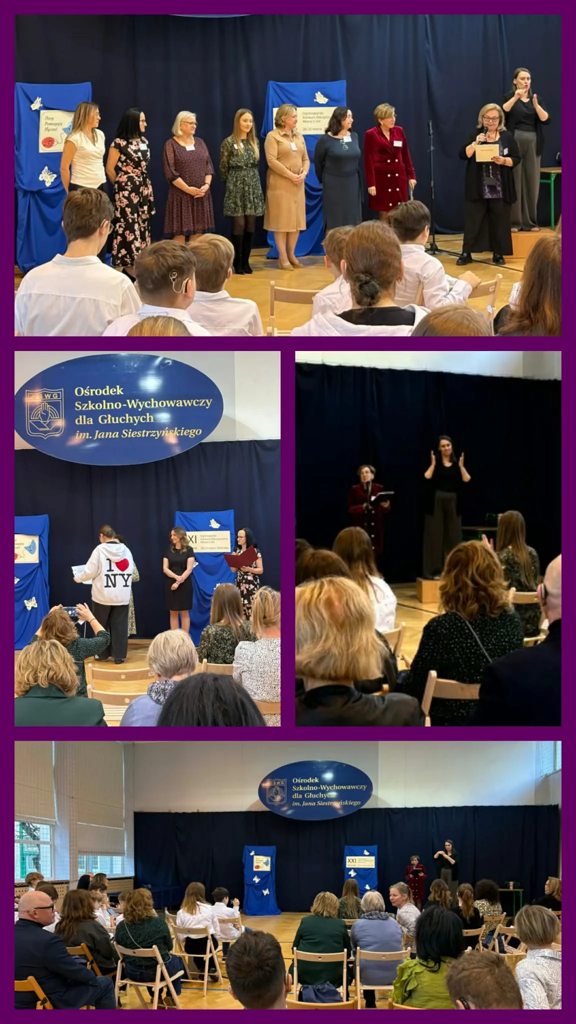 Nauczyciele i organizatorzy stoją na scenie podczas oficjalnego zakończenia konkursu