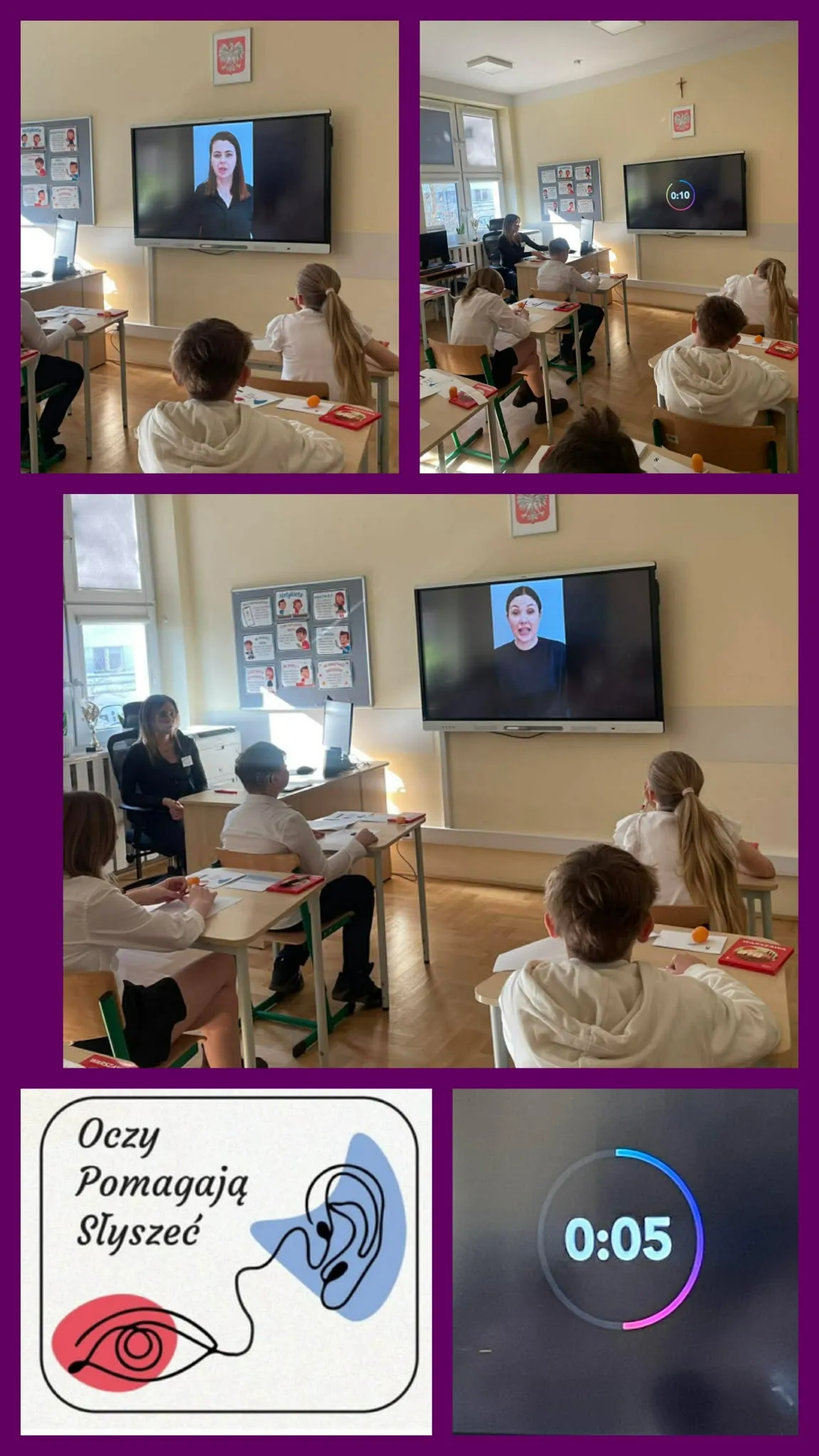 czniowie siedzą w klasie i oglądają nagranie na ekranie, ćwicząc odczytywanie mowy z ust