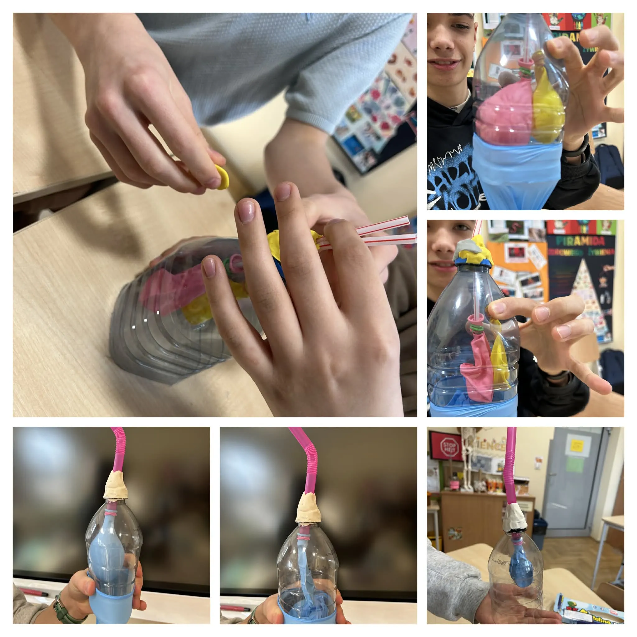 Uczniowie wykonują eksperyment z butelką i balonem na lekcji