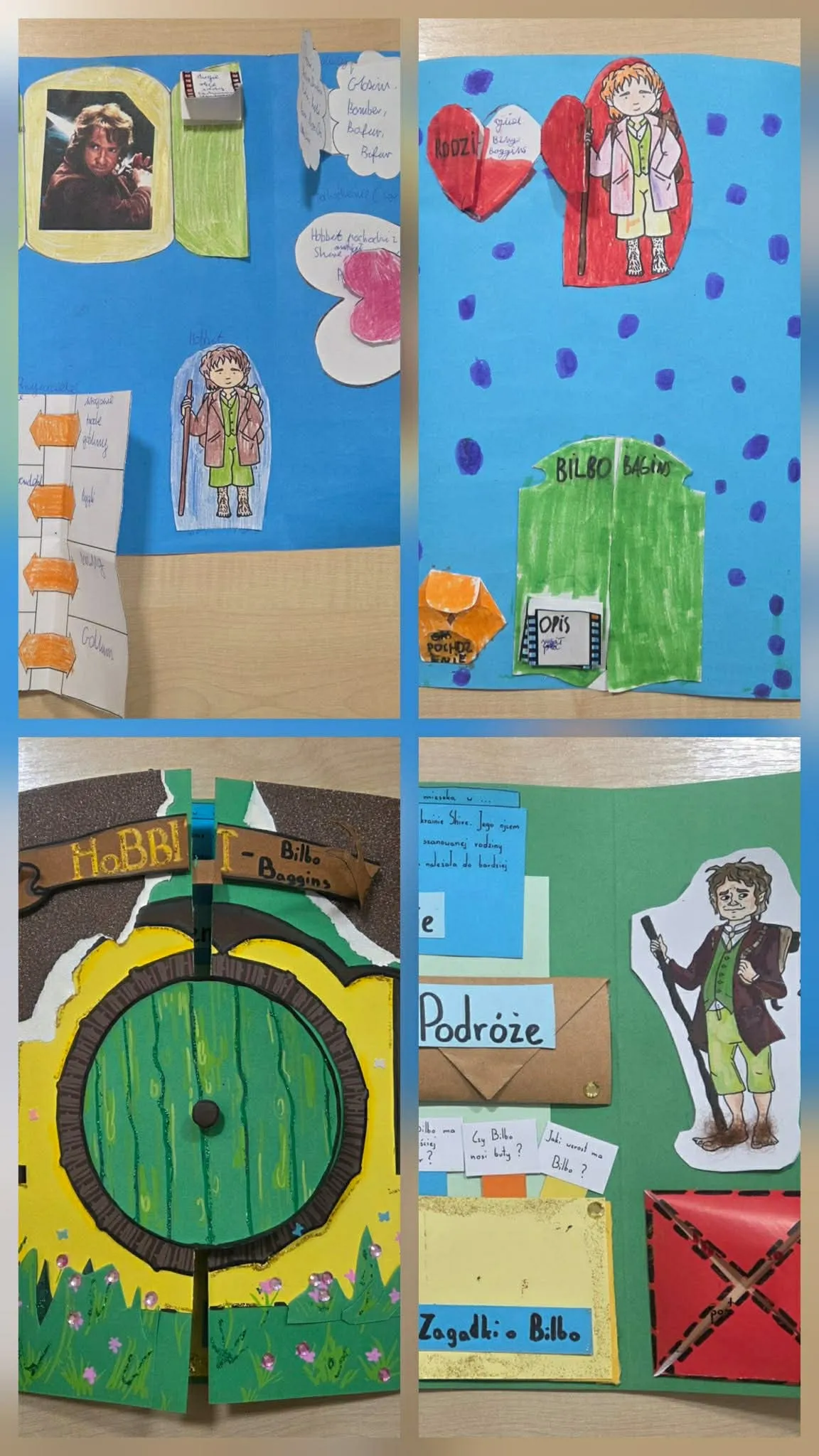 raca ucznia z rysunkami, sercami i opisami dotyczącymi postaci Bilbo Bagginsa na niebieskim tle