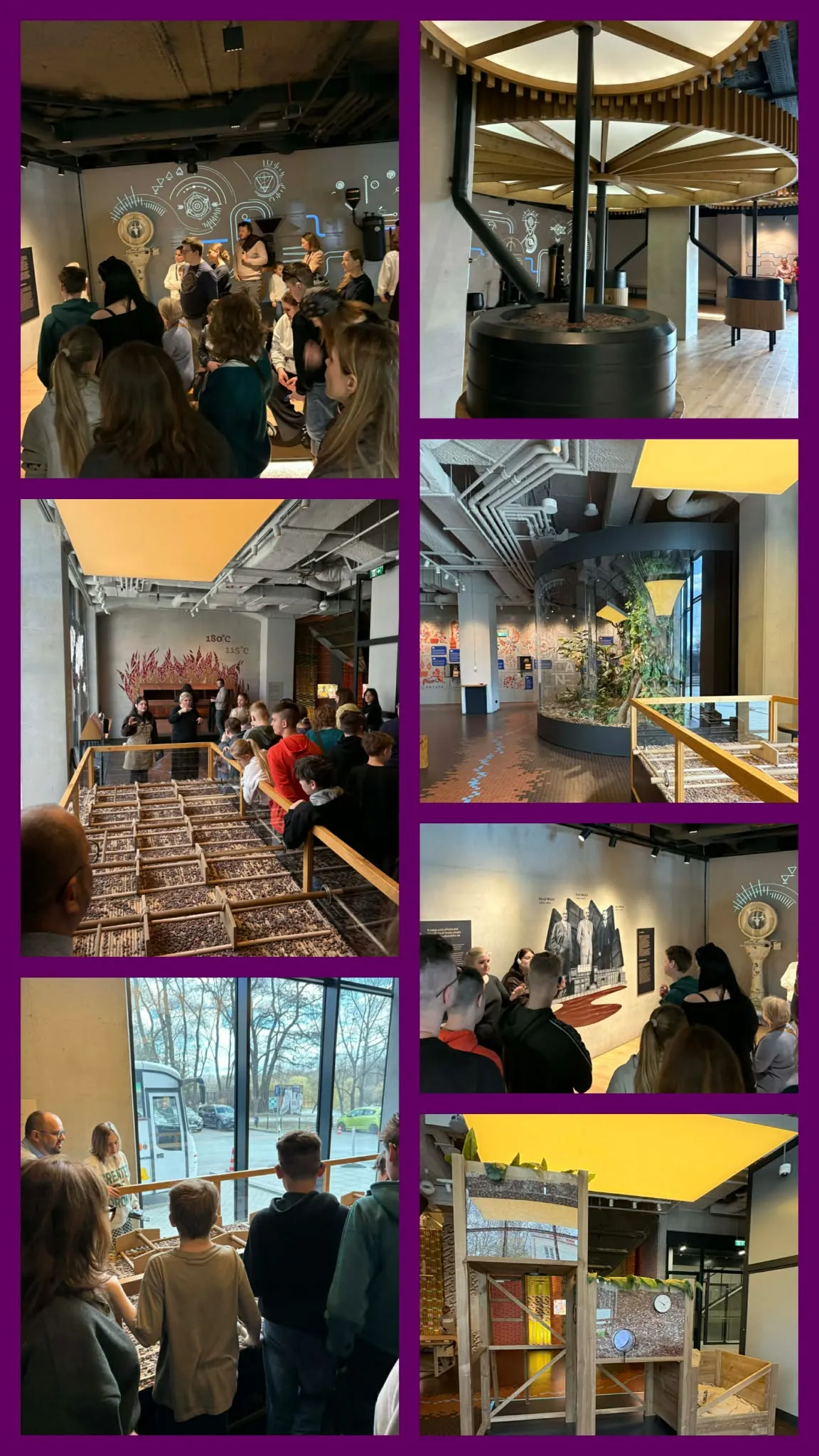 Grupa uczniów zwiedza nowoczesną wystawę muzealną z eksponatami i instalacjami edukacyjnymi