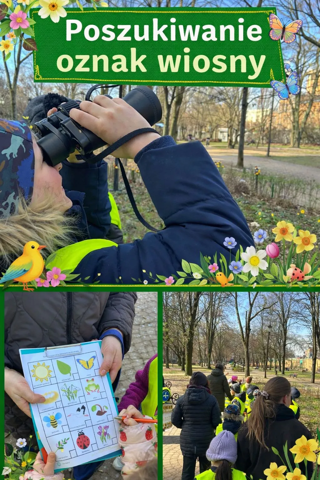 kolaż zdjęć z spaceru przedszkola po parku