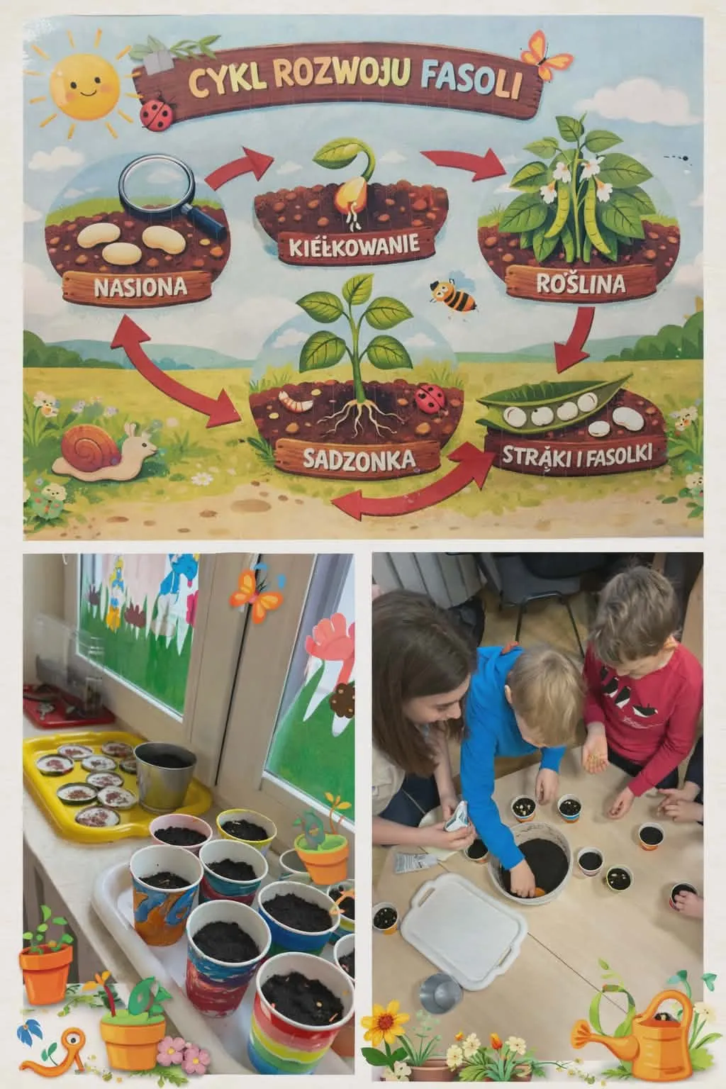 Plansza przedstawiająca cykl rozwoju fasoli oraz dzieci sadzące rośliny