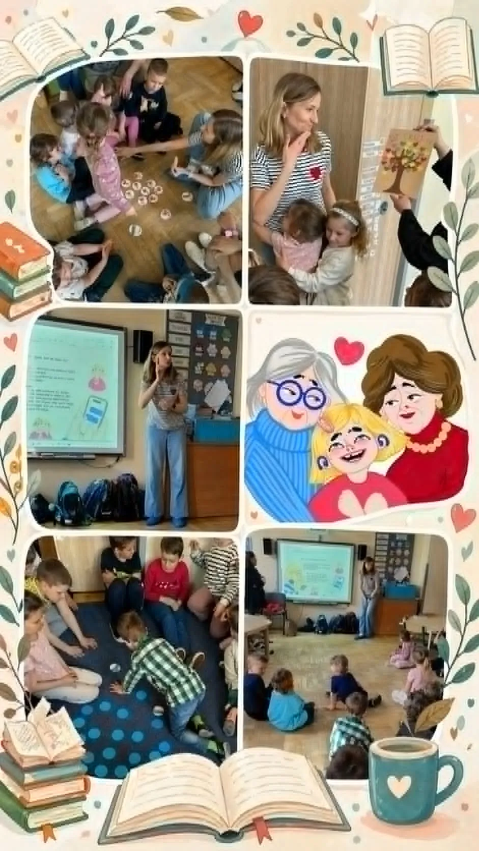 Kolaż z zajęć edukacyjnych dla dzieci o rodzinie i relacjach międzypokoleniowych, z prezentacją, zabawami oraz ilustracjami książek.