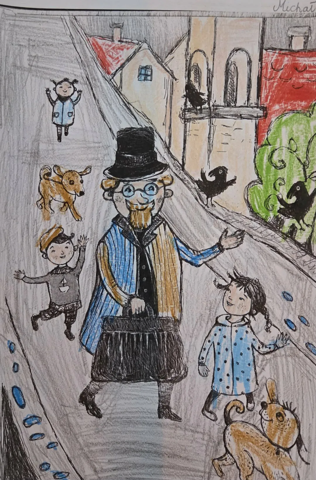 Kolorowy rysunek przedstawiający postać Doktora Dolittle w otoczeniu dzieci i zwierząt