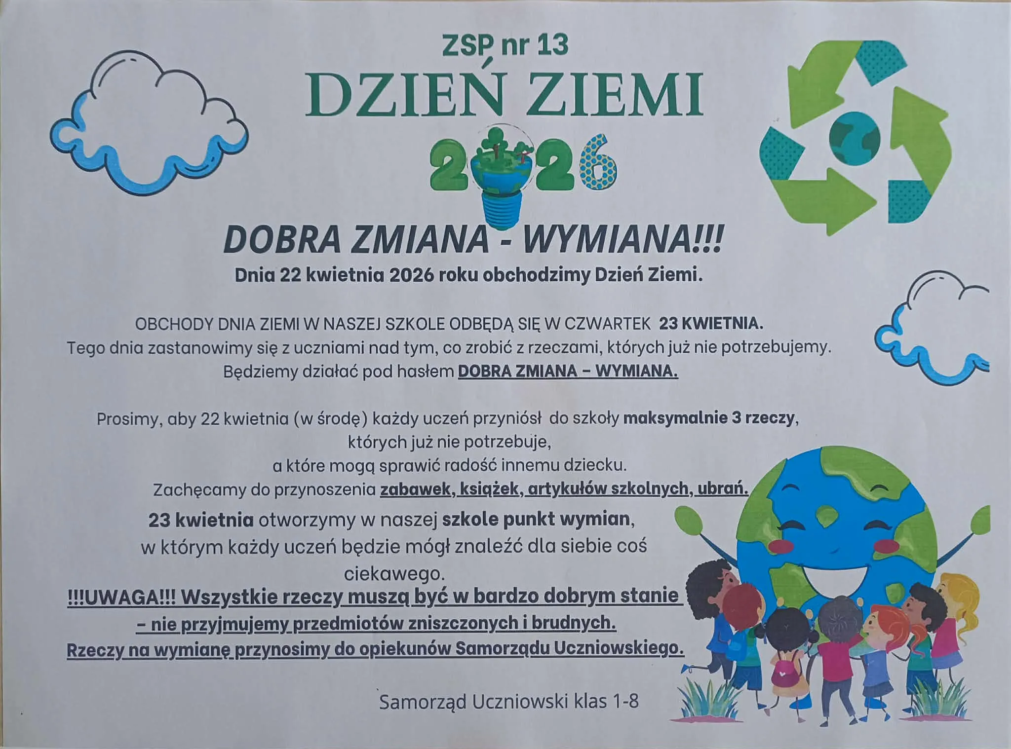 Plakat szkolny informujący o obchodach Dnia Ziemi oraz akcji wymiany używanych rzeczy w szkole