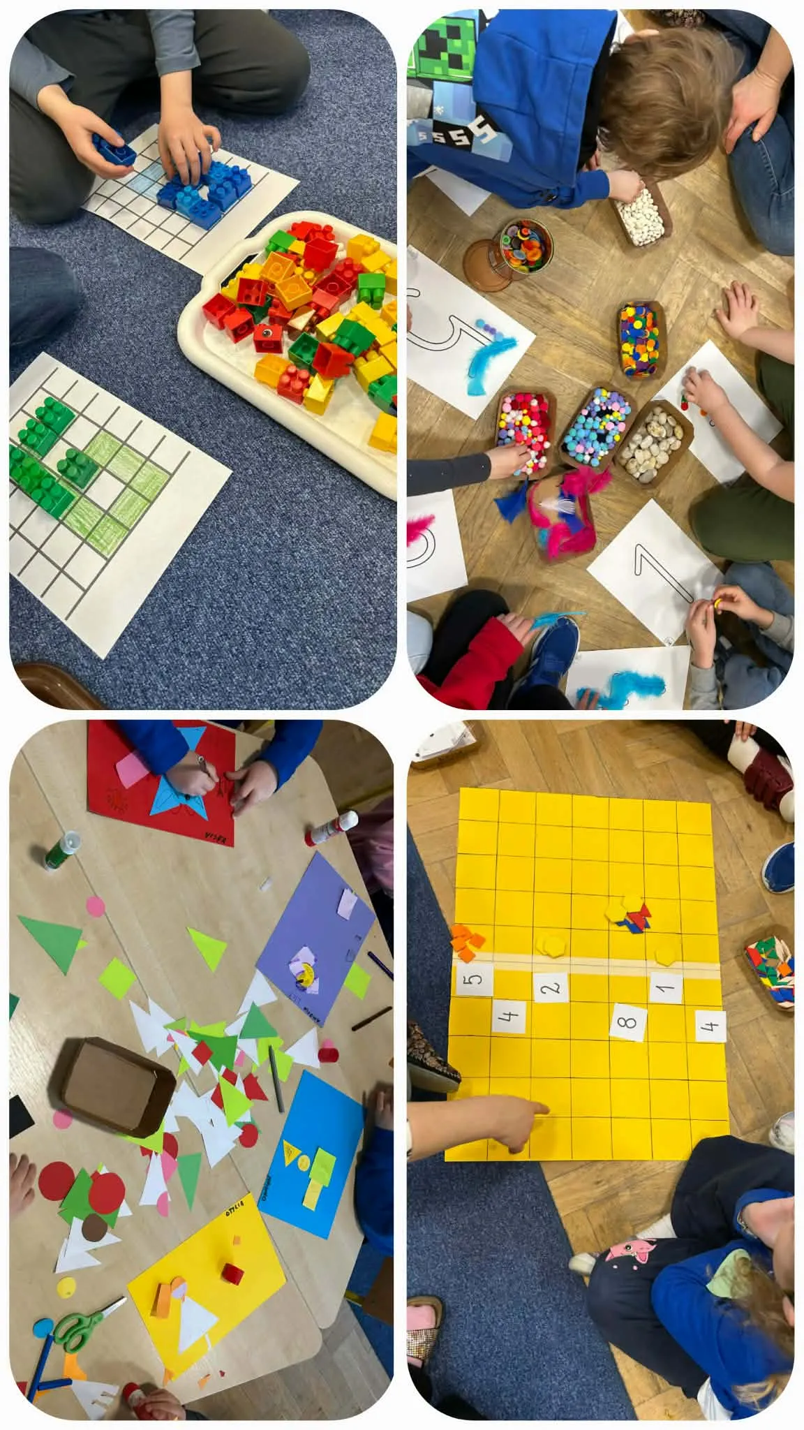 Dzieci układają klocki, tworzą prace plastyczne i rozwiązują zadania matematyczne