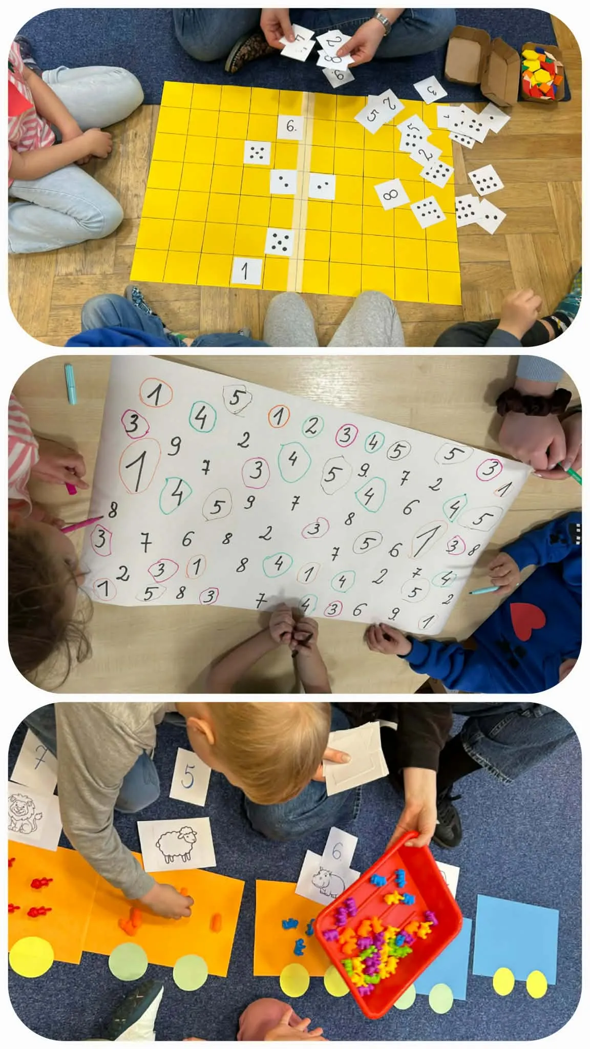 Dzieci wykonują zadania matematyczne – dopasowują liczby i liczą elementy