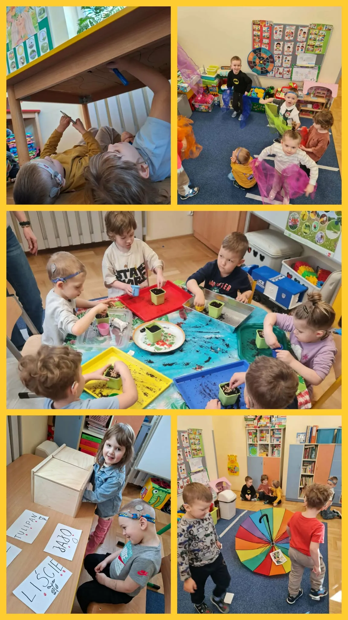 Kolaż zdjęć przedstawiający dzieci podczas zabaw ruchowych, sadzenia roślin i nauki przez zabawę w sali przedszkolnej