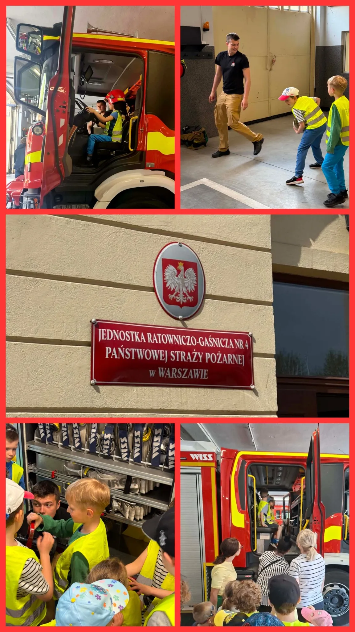 kolaż zdjęć z wizyty przedszkolaków w jednostce straży pożarnej
