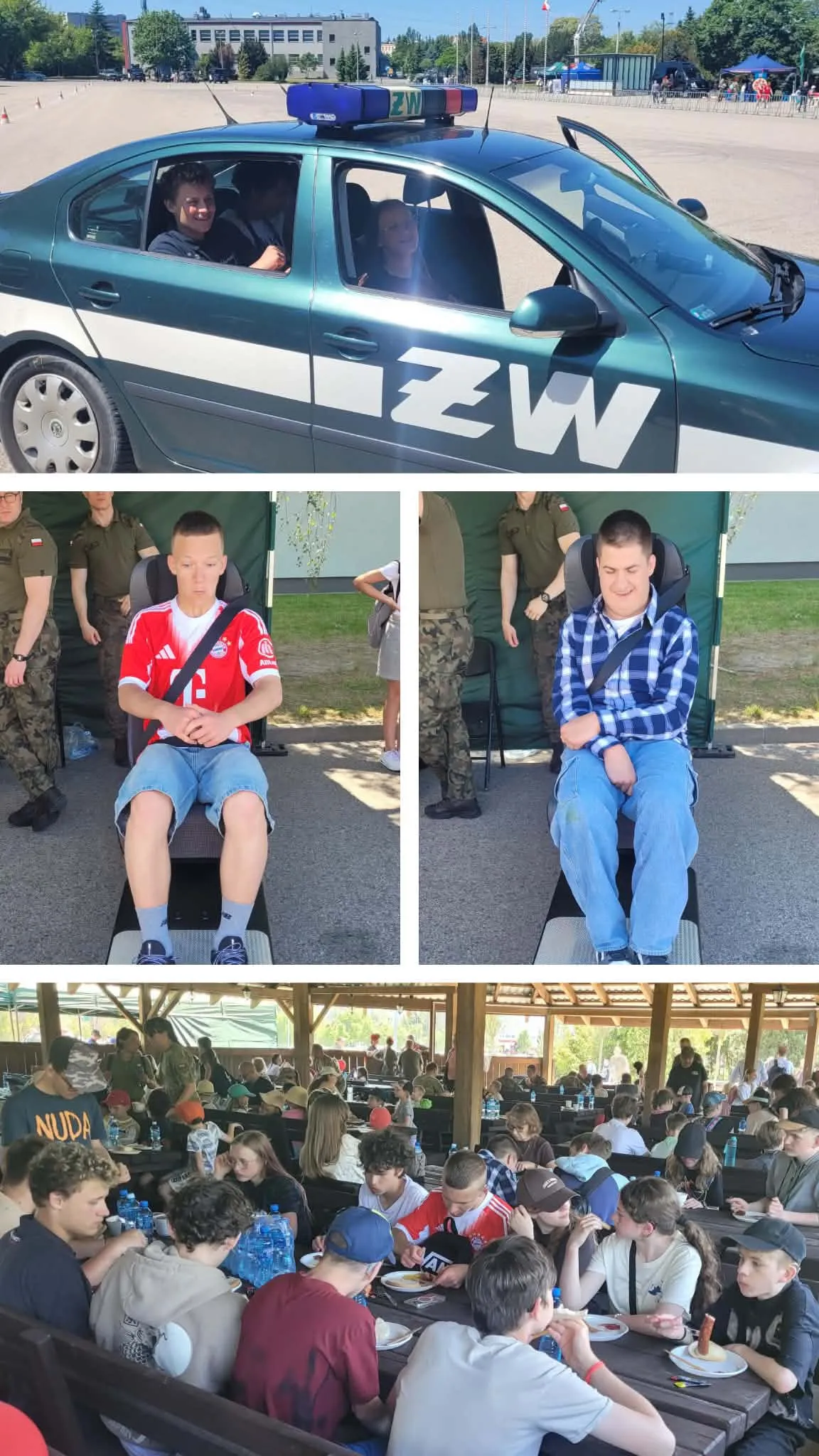 Uczniowie podczas wycieczki edukacyjnej oglądają sprzęt wojskowy, radiowóz ŻW oraz uczestniczą w zajęciach z symulatorami i wspólnym posiłku.